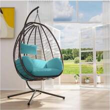 Egg Swing Chair Outdoor Indoor Wicker Rattan Hanging Chair With Stand 350lbs Capacity W/Strong Frame & Cushions For Patio Balcony Bedroom