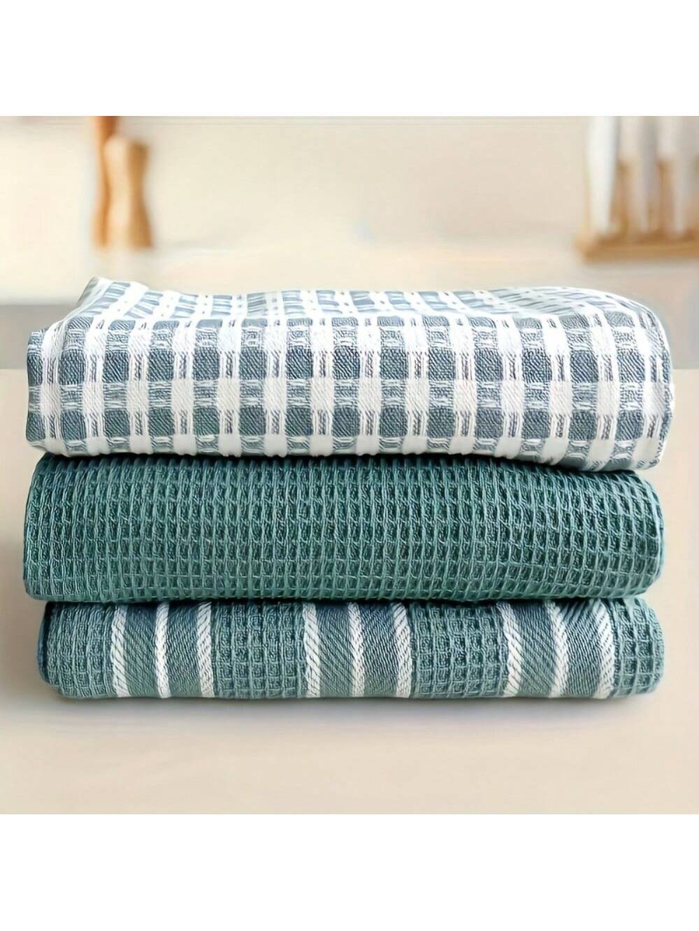 Set de 3 paños de cocina suaves y absorbentes - Grandes y duraderos paños de cocina de estilo waffle en patrones sólidos verdes, a cuadros y a rayas para una limpieza y secado fáciles - Para cocinar, hornear y la hora del té