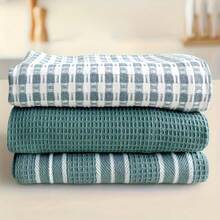 3pcs/Set Soft & Absorbent Kitchen Towels - Large, Durable Waffle Dish Cloths In Solid Green, Plaid & Striped Patterns For Easy Cleaning & Drying - For Cooking, Baking, And Tea Time 