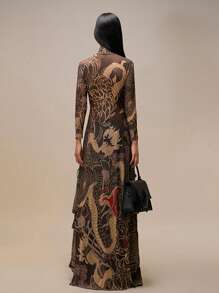 Summer Street Snake Print Semi High Neck High Slit Long Top - Khaki - View 2