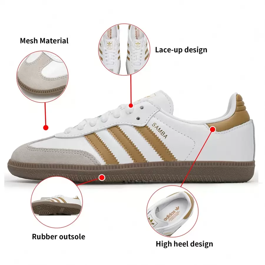 Adidas 阿迪达斯 Samba OG 男女通用运动鞋，皮革鞋面搭配绒面革饰边，舒适轻便的低帮系带休闲鞋，适合日常穿着和户外活动。 - 白/金 - 查看 1