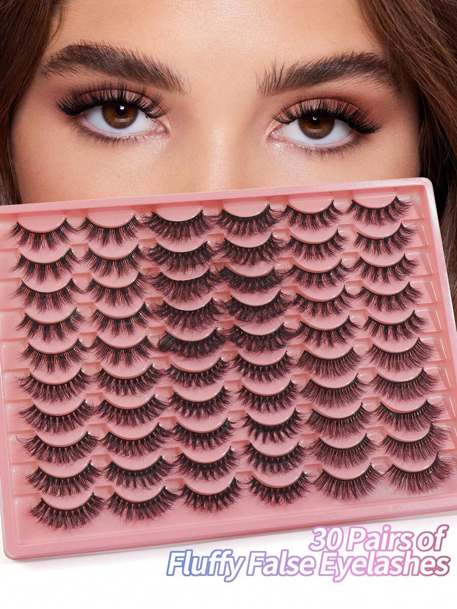 Happy Butterfly 30 Pairs Mixed Pack Natural Crossover False Eyelashes, Handmade Lengthened Thick Curly Eyelashes Artificial 3D Fuax Mink Eyelashes D Curvature Makeup Tools Hot Sellers For Daily Life,Chemical Fiber Russian Strip Lashes, Thick Natural Volume Grafting Eyelashes,Gift For Christmas, - 交叉款 - 查看 1