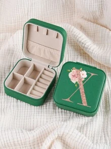 1pc Caixa de joias rosa com flores rosas, caixa de joias de viagem da moda com letras de ouro rosa, caixa de joias de viagem de presente personalizada, presentes de aniversário para mulheres, presentes de Natal para meninas adolescentes, iniciais, caixa de joias de viagem A-Z