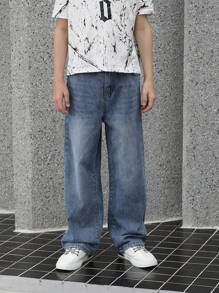 Jeans de pierna recta holgados con efecto teñido anudado muy desgastado, look vintage rasgado y destruido