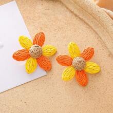2pcs Set Fashionable Six-Petal Flower Rattan Braided Earrings, Beach Resort Style Accessories For Women