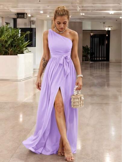 Vestido Largo Elegante Hombro asimétrico y Descubierto Abertura en la Pierna con detalle de cinturón para Mujer