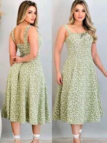 Midi Dress With Flower Print And Slit, SUPER  SUMMER 2025 - 綠色 - 查看 1