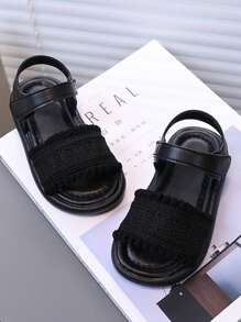 1 Pair Minimalist Solid Color Flat Sandals For Girls, Summer Children - Black - View 1
