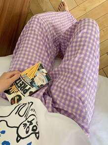 3 piezas de pantalones de pijama rectos, cómodos y holgados de estilo casual a cuadros, en colores caramelo, de algodón delgado para mujer en verano