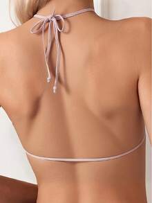 Sexy Deep V-Neck Tied Strap Striped Bikini Swimwear - Pink - View 2