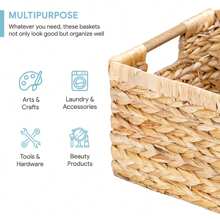 Large Wicker Basket Rectangular With Wooden Handles For Shelves, Water Hyacinth Basket Storage, Natural Baskets For Organizing, Wicker Baskets For Storage 14.5 X 10.3 X 7.5 Inches - 3 Pack - 駝色 - 查看 2