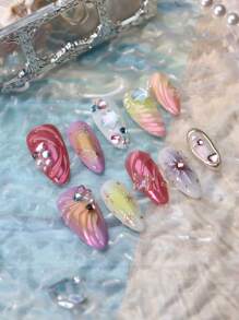 Get Romantic With 10pcs Almond Handmade Summer Beach Coral Pink Miss Mermaid Boho Princess Fake Nail Set Vanity Colorful Star Gradient Yellow 3d Three-Dimensional Decoration Mermaid Pearl Y2K European Style Full Cover Acrylic Press On Nails Kit For Women And Girls With 1pc Mini Nail File & 1 Sheet Adhesive Tabs