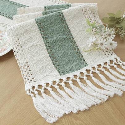 1pc Handmade Crochet Lace Table Runner With Tassels - Elegant Cream And Brown, Suitable For Dining Room And Bedroom - Boho Farmhouse Decor