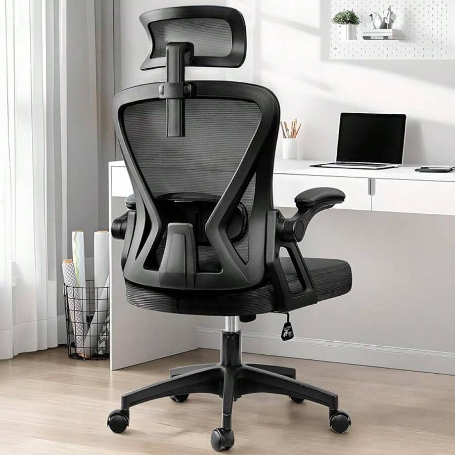 Ergonomic Office Chair, Home Office Desk Chair With Headrest, High Back Mesh Chair With Flip-Up Armrests, Comfy Desk Chair With Lumbar Support, Rolling Swivel Task Computer Chair For Home Office - 黑色 - 查看 1