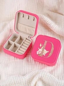 1pc Caixa de joias rosa com flores rosas, caixa de joias de viagem da moda com letras de ouro rosa, caixa de joias de viagem de presente personalizada, presentes de aniversário para mulheres, presentes de Natal para meninas adolescentes, iniciais, caixa de joias de viagem A-Z