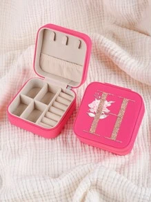 1pc Caixa de joias rosa com flores rosas, caixa de joias de viagem da moda com letras de ouro rosa, caixa de joias de viagem de presente personalizada, presentes de aniversário para mulheres, presentes de Natal para meninas adolescentes, iniciais, caixa de joias de viagem A-Z