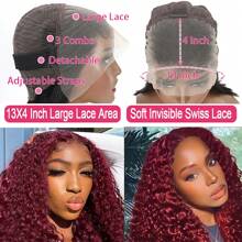 40 Inch Burgundy 13x4 Lace Front Wigs Human Hair Wigs For Women 99J Deep Wave Wigs 200% Density Glueless Wet And Wavy Red Colored Curly Human Hair Wig Pre Plucked 13x4 Transparent Lace Frontal Wigs - 酒紅色 - 查看 7