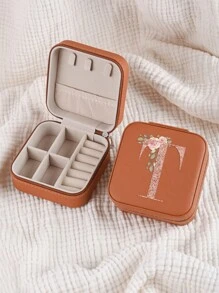 1pc Caixa de joias rosa com flores rosas, caixa de joias de viagem da moda com letras de ouro rosa, caixa de joias de viagem de presente personalizada, presentes de aniversário para mulheres, presentes de Natal para meninas adolescentes, iniciais, caixa de joias de viagem A-Z