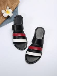 Women's European American Style Fashionable Color Block Elegant Outdoor Flat Slip-On Sandals, Summer Beach Sports Colorful Sandals