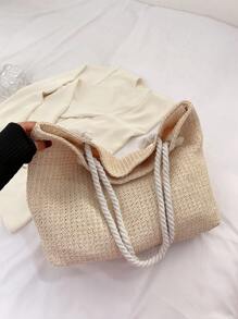 Women's Summer Straw Woven Tote Bag, Large Capacity Shoulder Hand Bag, Eye-Catching Beach Bag Summer, Summer Straw Beach Bag For Women, Hottest Beach Bags For Women, Fashion Summer Vacation Bag, Beach Essentials Women Bags For Vacation & Holiday, Newest Holiday Bag , Beach Bag - Beige - View 4