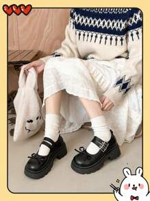 Women's Platform & Thick Sole Loafers/Black Buckle Bow Tie Small Leather Shoes, 2025 Spring New Retro Gothic Lolita Mary Jane Shoes