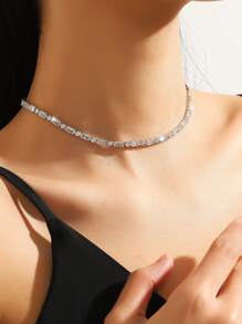 1pc Women's Flower-Shaped Double-Layer Zirconia Crystal Necklace, Fashionable Formal Dress Accessory - Silver - View 3