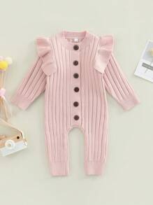 Baby Girls Knitted Long Sleeve Jumpsuit Fashion Solid Color Round Neck Button Long Romper - Pink - View 2
