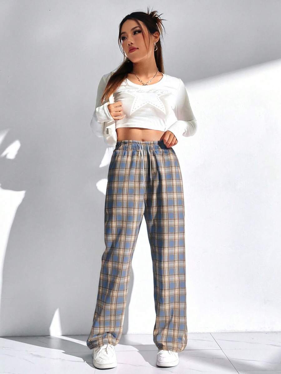 Pantalones largos de mujer, pantalones de cuadros estilo británico, casuales, nueva colección de verano 2025, pantalones rectos y holgados - Cuadros azules y blancos - Ver 1