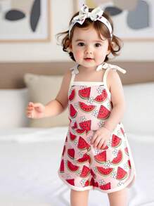 Toddler Baby Girl Summer Clothes Floral Romper Tie-Up Strap Halter Jumpsuit Infant Summer Sling Playsuit 6M-3T - 西瓜粉 - 查看 3