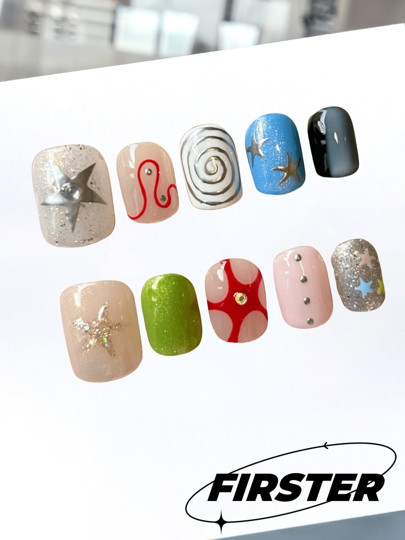 10 Pieces Of Handmade Manicure Square Hand-Painted Nails, Glitter Nails, Pink, Green, Blue Nude, Fine Glitter, Exquisite Glitter Decoration, Cute Cartoon Elegant Luxury Simple Nails, Fresh Spring, Summer Nails, Holiday Nails, Cute Sweet Nails Press-On False Nails, Daily Nails Holiday Nails, Office Nails Suitable For Women Travel Parties Dating. Nail Supplies Nails