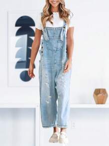Women's Casual Denim Overall Jumpsuit  Loose Adjustable Shoulder Straps Make Old Denim Cargo Belt Pockets