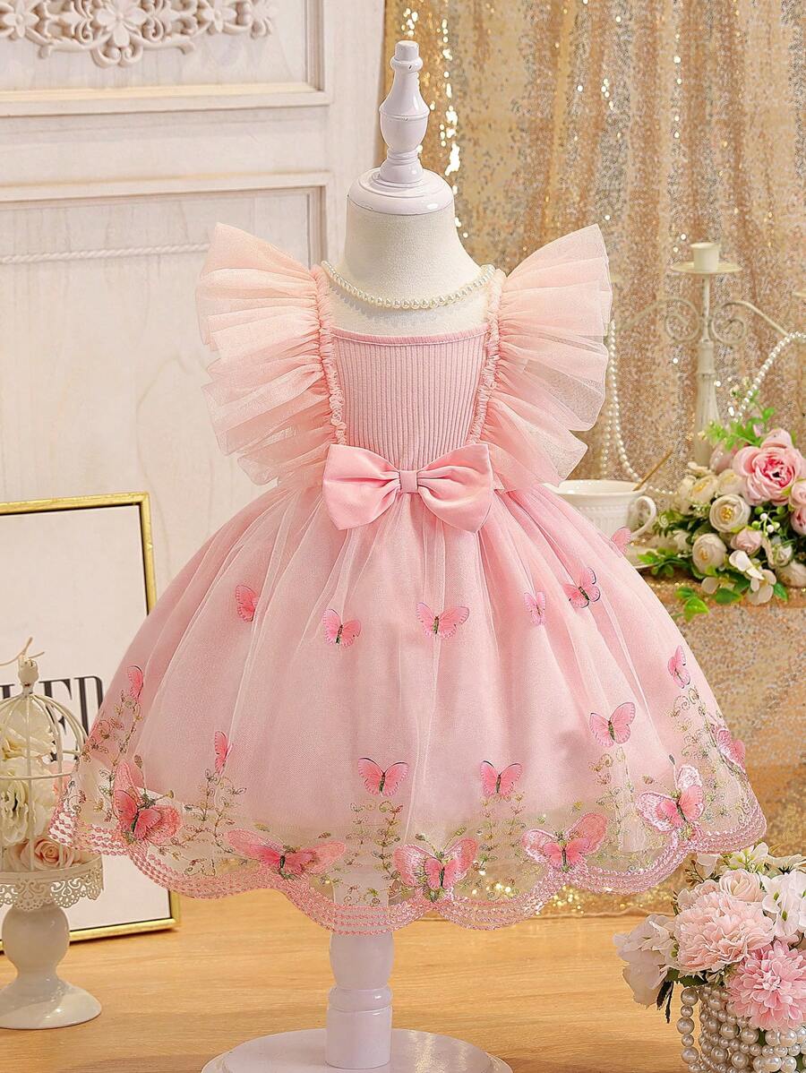 Đầm công chúa dáng chữ A không tay, cổ vuông, viền bèo nhún, đính nơ dễ thương cho bé gái, chất liệu voan, kiểu dáng thời trang, đa năng, màu hồng, thích hợp cho ngày Valentine, sinh nhật, mặc hàng ngày, mùa xuân/hè.