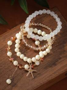 4pcs/Set Bohemian Ocean Beach Style Starfish Pendant Multi-Layer Beaded Asymmetrical Bracelets - Pink Beaded Starfish Bracelet - View 5