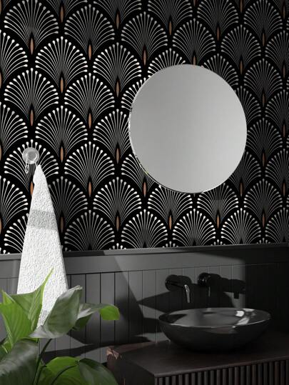 Zwart Wit Art Deco Inspired Bloemen Removable Wallpaper Moderne Peel Stick Adhesive Wand Mural Roll 17.7" 78.7" 118.1" Room Home Bathroom Kitchen Living Paper Stickers Ho Bedroom ation Stuff Wallpapers view 3