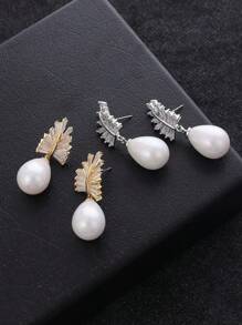 1 pereche de cercei cu perle artificiale rafinate cu design de frunze, cercei eleganti pentru mireasa, pentru nunta, cadou de petrecere, accesorii stralucitoare, bijuterii