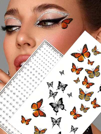 2pcs Butterfly Tail Face Decor Pattern + Multi-Size Silver-White Rhinestone Face Gems, Y2K Music Festival, Women's Holiday Gift, DIY Carnival, Valentine's Day Party Makeup Masquerade Rhinestone Tattoo Set