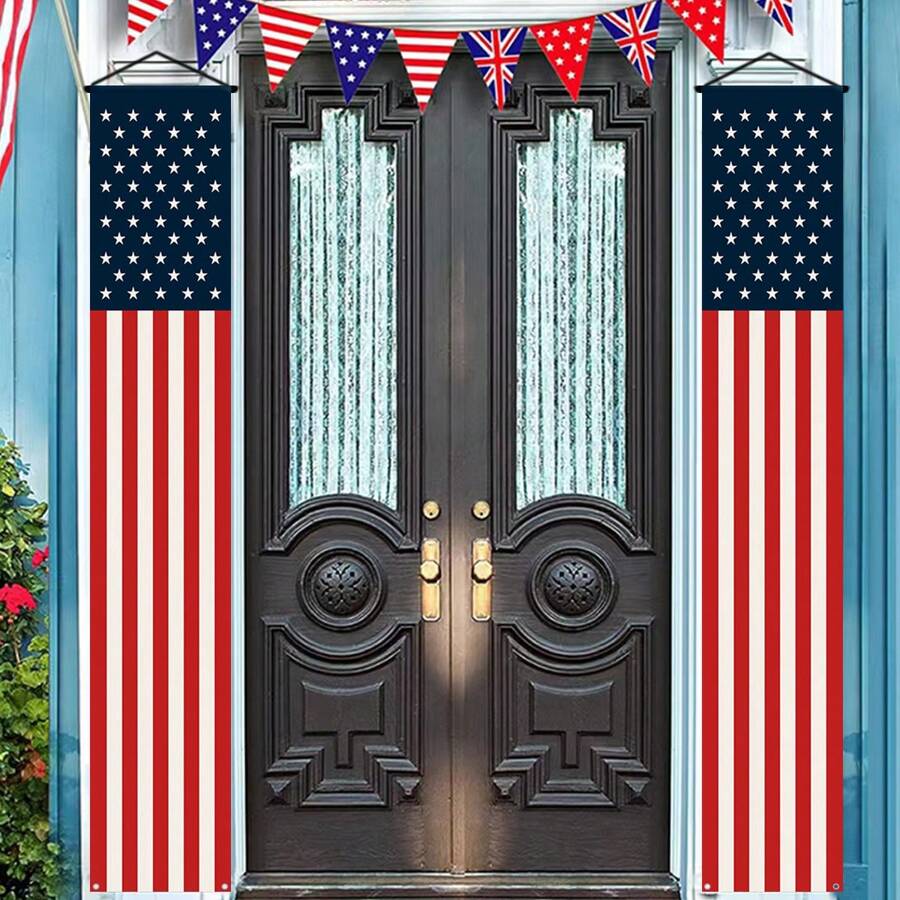 1 par de banderines patrióticos con la bandera estadounidense para el pórtico - Decoraciones exteriores para el 4 de julio, carteles colgantes de poliéster resistentes para celebraciones del Día de los Veteranos, Día del Trabajo y Día de las Elecciones