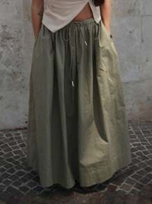 Women's Casual Drawstring Waist With Pockets Loose A-Line Skirt, Spring/Summer - Army Green - View 4