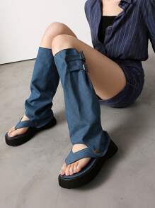 2-In-1 Fashion Open Toe Flip Flops Boots, Fabric Stacked Boots, New Spring/Summer High Heel Shoes, Convertible Boots And Sandals - Blue - View 1