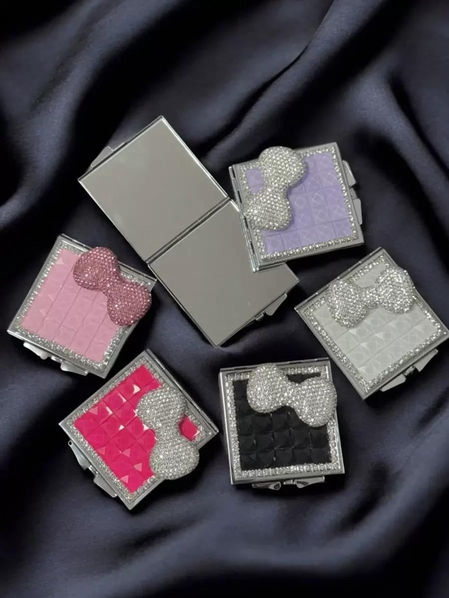 1 件蝴蝶结小镜子，新款法式方形金属小镜子，带闪亮水钻蝴蝶结，双面折叠便携式化妆镜，适合亲戚、朋友、同事、女朋友的装饰礼品 - 彩色 - 查看 1