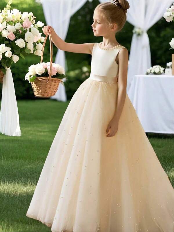 Vestido de fiesta elegante con decoración de lazo, perla y flor color dorado champán para niñas preadolescentes, apto para boda, baile de graduación, ocasiones especiales y verano