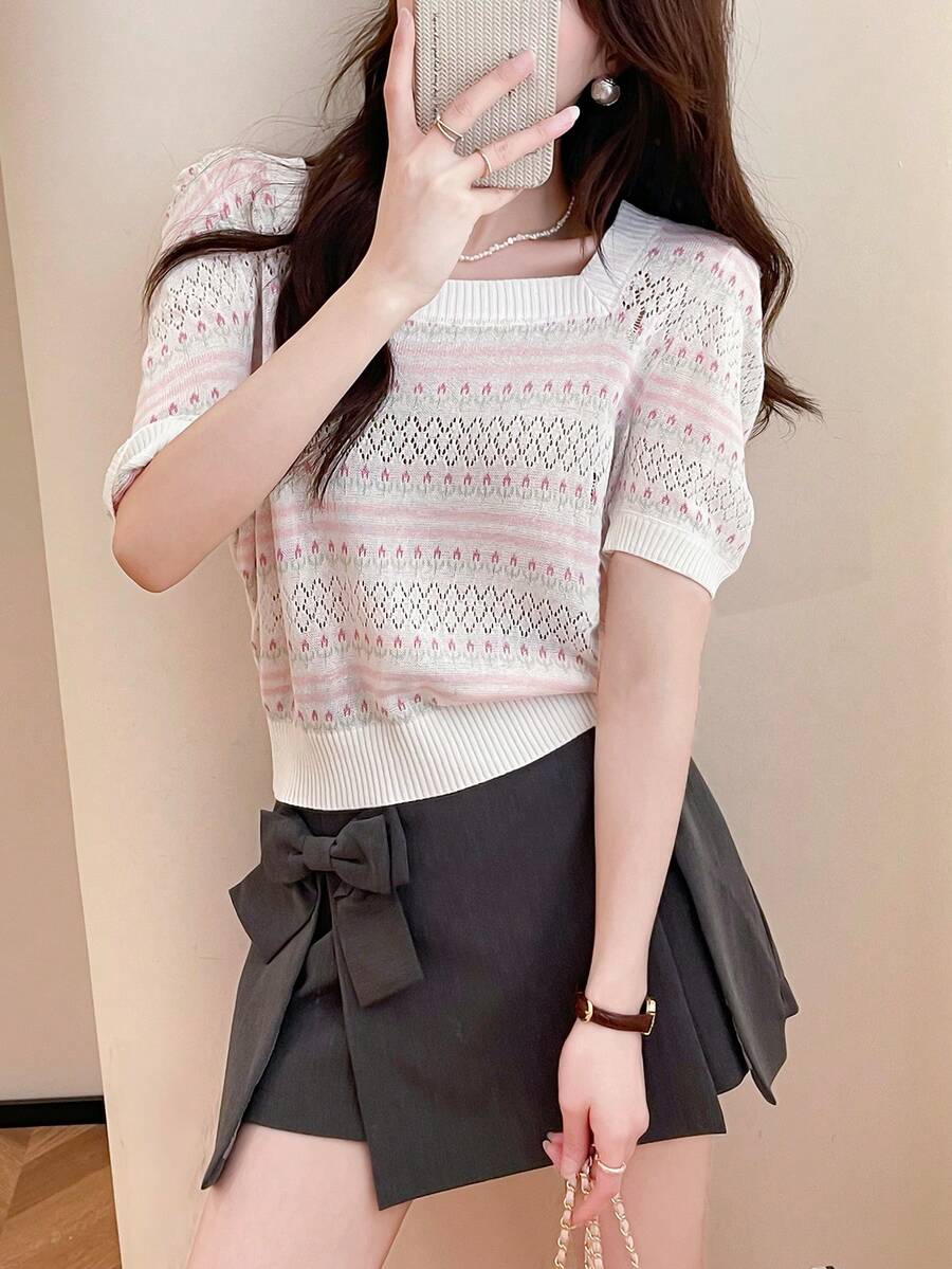 女士精致条纹法式方领短袖套头衫,夏季 - 彩色 - 查看 1