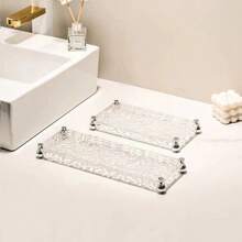 1Set/1pc Stone Pattern Clear Acrylic Tray Bathroom Vanity Trays With Stand, Cosmetic Table Jewelry Skin Care Cosmetics Tray, Napkin Tray, Clear Color Tray For Perfume, Aromatherapy, Shower Gel, Skin Care Products, Cosmetics Back To School