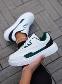Women Casual Lightweight Breathable Anti-Slip Wear-Resistant Low-Top Contrast Color Sports/Sneaker Shoes, Spring Daily Versatile - White Green - View 3