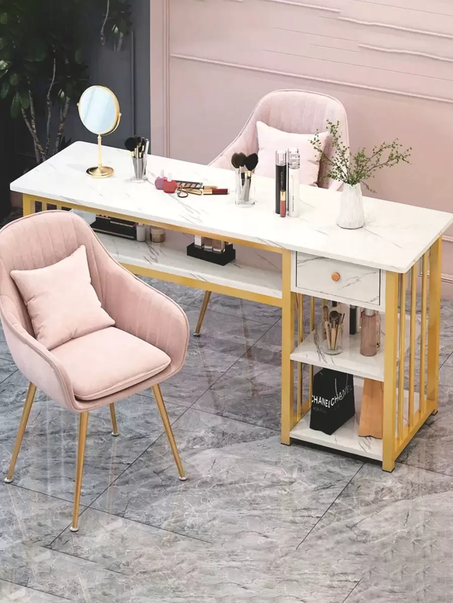 Tocador moderno minimalista, superficie de mármol elegante, estructura metálica dorada - Multicolor - Ver 1