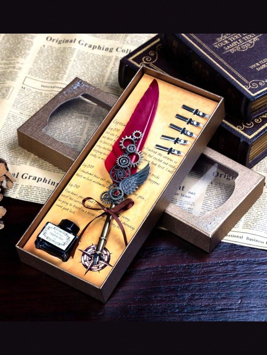 7-Piece Gift Set, Fountain Pen, Ink Bottle, Interchangeable Nibs - Burgundy - View 1