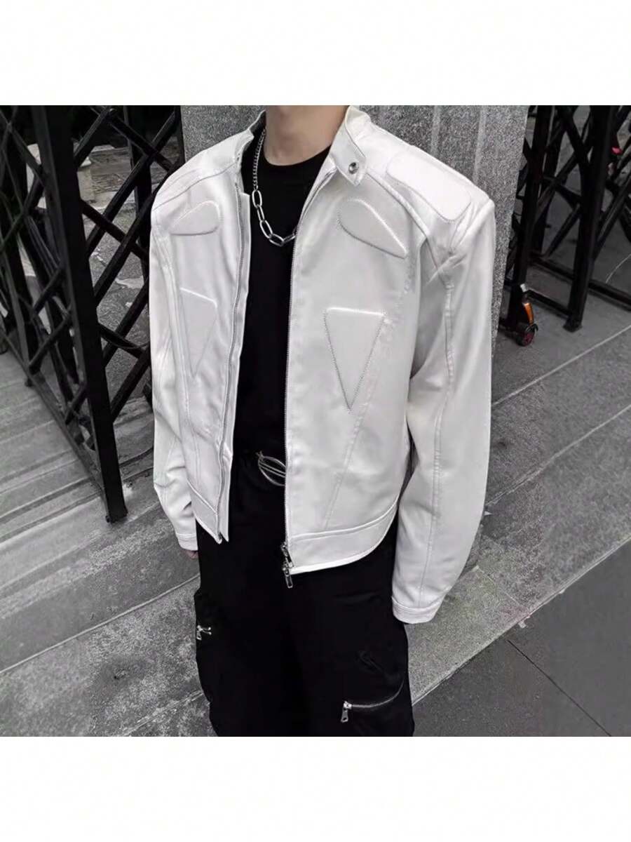 Short Leather Jacket With Men's High-End And Niche Design, Shoulder Pad Riding Motorcycle Jacket - trắng - Xem 1