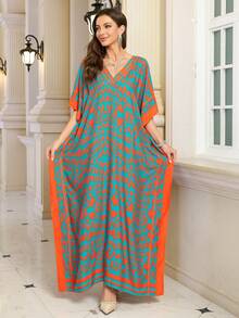 Woven Fabric V Neck Batwing Sleeve Arabian Dress Long Bright Multi-Color Print Kaftan For Women