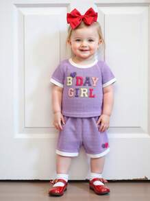 Toddler Girl Birthday Outfits Letter Embroidery Short Sleeve Round Neck T-Shirt + Elastic Waist Shorts 2 Pcs Set - Purple - View 4