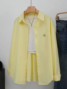 女士休闲日常纽扣刺绣开衫长袖衬衫春季款 - 淡黃色 - 查看 3